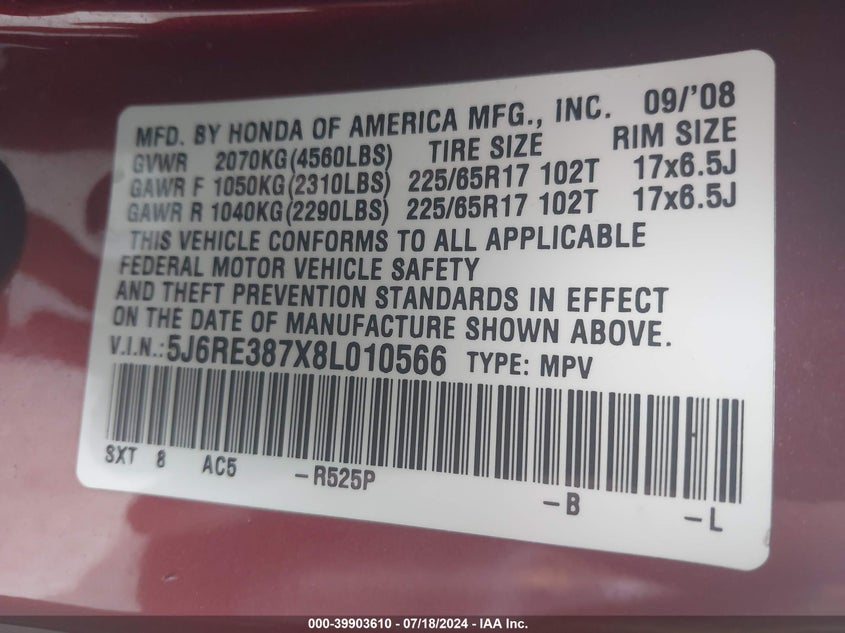 2008 Honda Cr-V Ex-L VIN: 5J6RE387X8L010566 Lot: 39903610