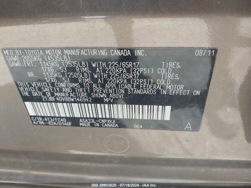 2011 Toyota Rav4 VIN: 2T3BF4DV8BW146942 Lot: 39903620