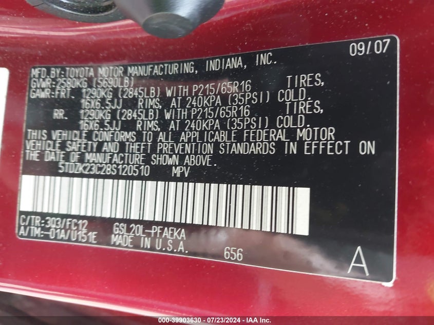 2008 Toyota Sienna Ce/Le VIN: 5TDZK23C28S120510 Lot: 39903630