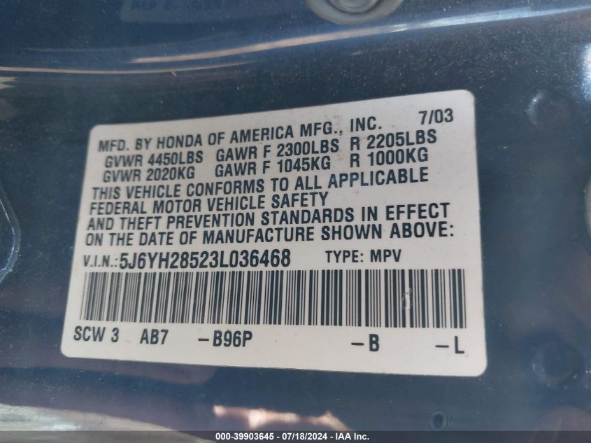 2003 Honda Element Ex VIN: 5J6YH28523L036468 Lot: 39903645