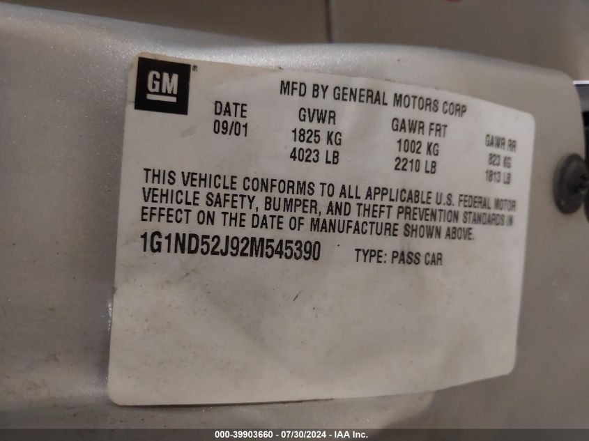 2002 Chevrolet Malibu VIN: 1G1ND52J92M545390 Lot: 39903660