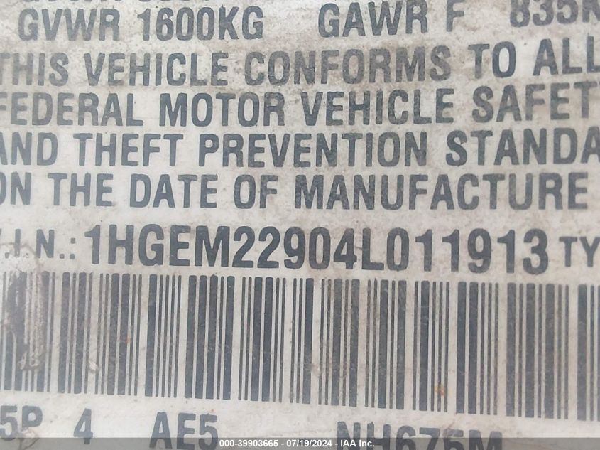 2004 Honda Civic Ex VIN: 1HGEM22904L011913 Lot: 39903665