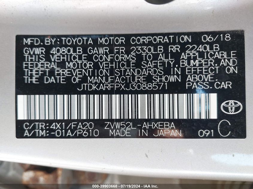 2018 Toyota Prius Prime Plus VIN: JTDKARFPXJ3088571 Lot: 39903668