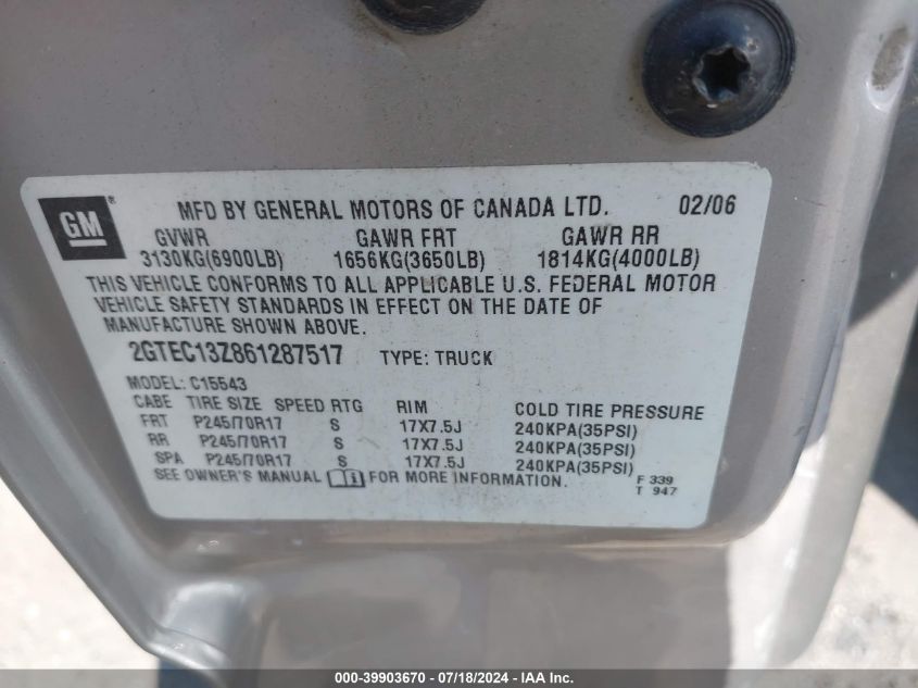 2006 GMC Sierra 1500 Sle1 VIN: 2GTEC13Z861287517 Lot: 39903670