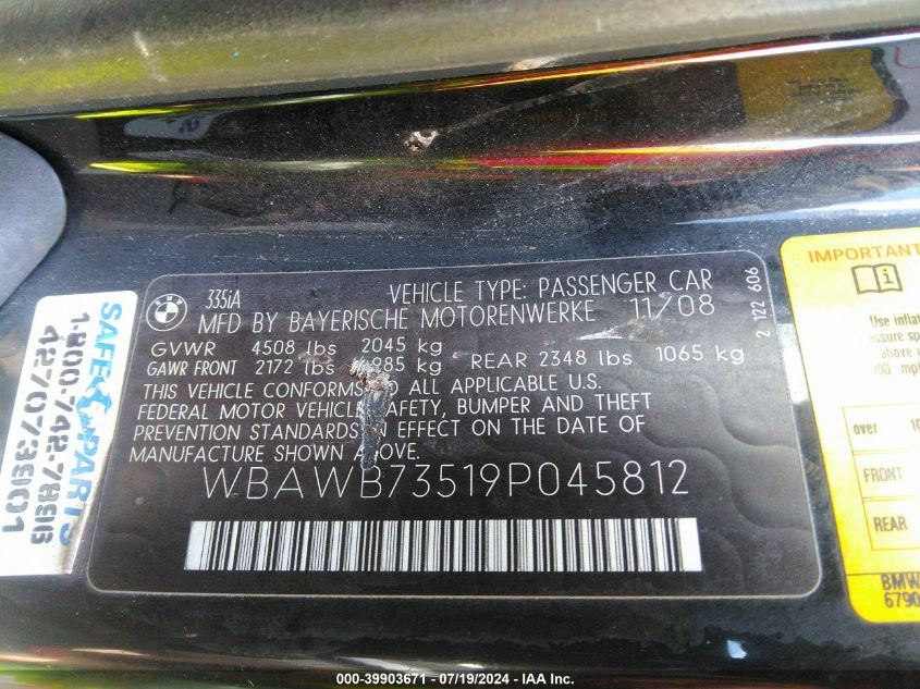 2009 BMW 335I VIN: WBAWB73519P045812 Lot: 39903671