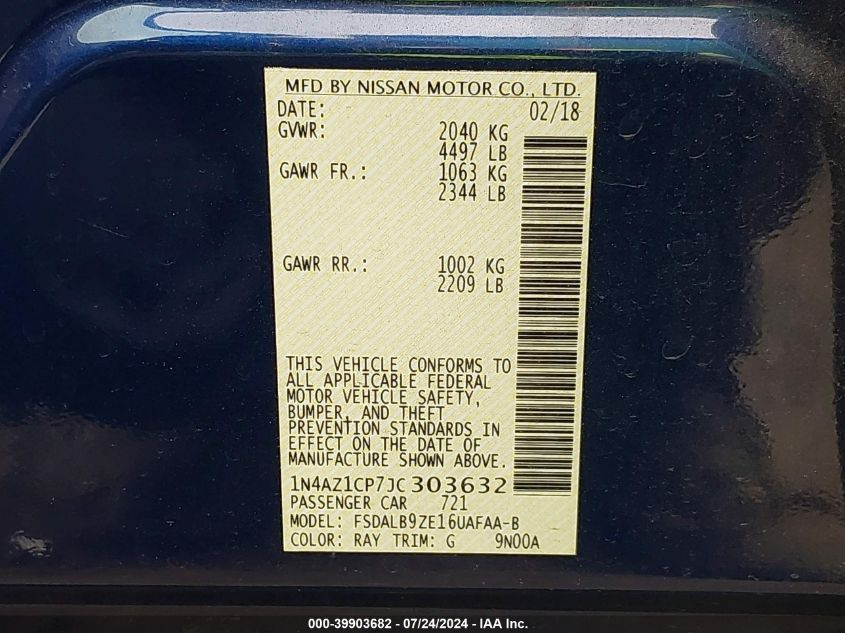 2018 Nissan Leaf S VIN: 1N4AZ1CP7JC303632 Lot: 39903682