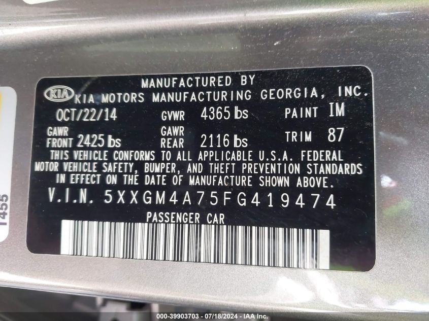 2015 Kia Optima Lx VIN: 5XXGM4A75FG419474 Lot: 39903703