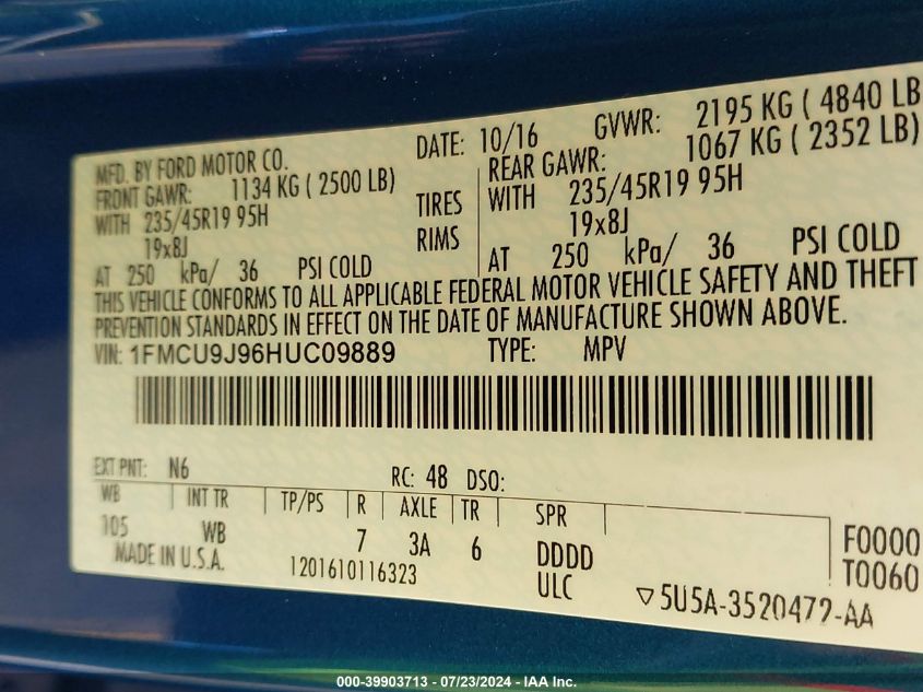 2017 Ford Escape Titanium VIN: 1FMCU9J96HUC09889 Lot: 39903713