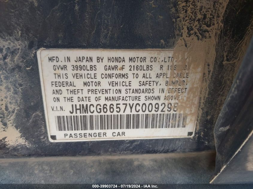 2000 Honda Accord 2.3 Lx VIN: JHMCG6657YC009298 Lot: 39903724