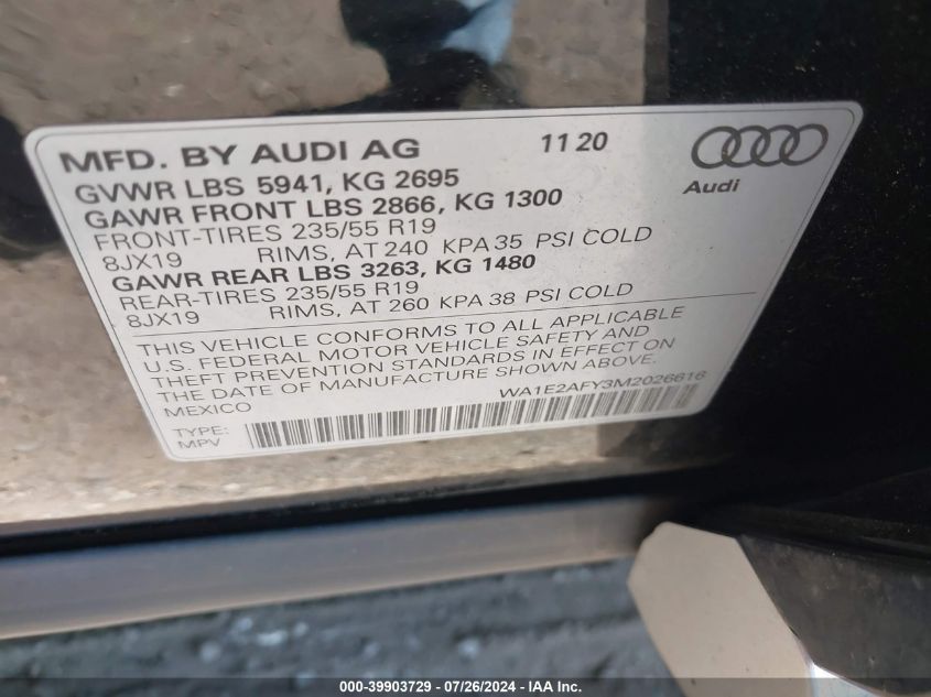 2021 Audi Q5 Premium Plus 55 Tfsi E Quattro S Tronic VIN: WA1E2AFY3M2026616 Lot: 39903729