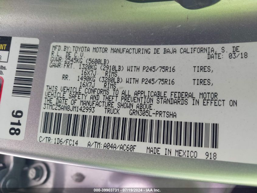 2018 Toyota Tacoma Sr5 V6 VIN: 3TMCZ5AN8JM142993 Lot: 39903731