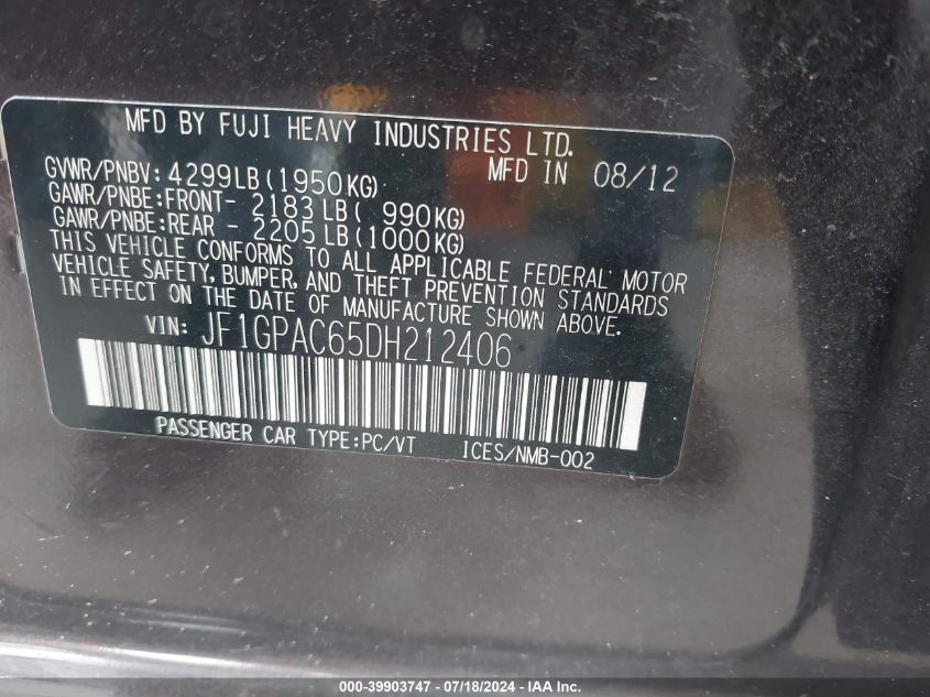 2013 Subaru Impreza Premium VIN: JF1GPAC65DH212406 Lot: 39903747