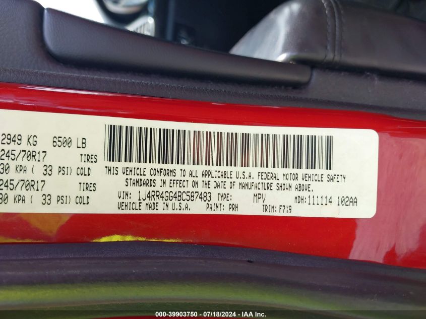 2011 Jeep Grand Cherokee Laredo VIN: 1J4RR4GG4BC587483 Lot: 39903750