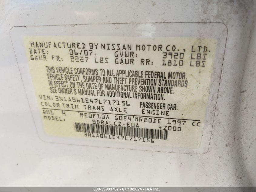 3N1AB61E47L717156 | 2007 NISSAN SENTRA