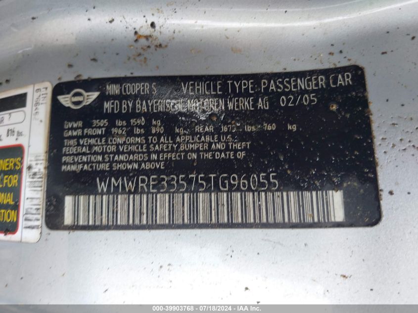 2005 Mini Cooper S VIN: WMWRE33575TG96055 Lot: 39903768