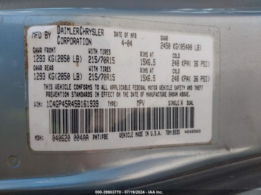 2005 Chrysler Town & Country VIN: 1C4GP45R45B161939 Lot: 39903770