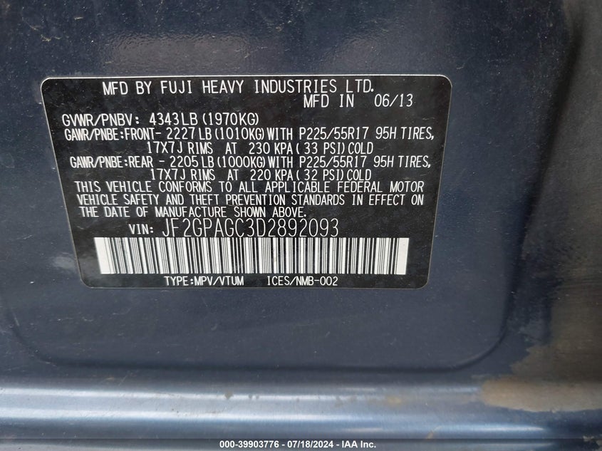 2013 SUBARU XV CROSSTREK 2.0I LIMITED - JF2GPAGC3D2892093