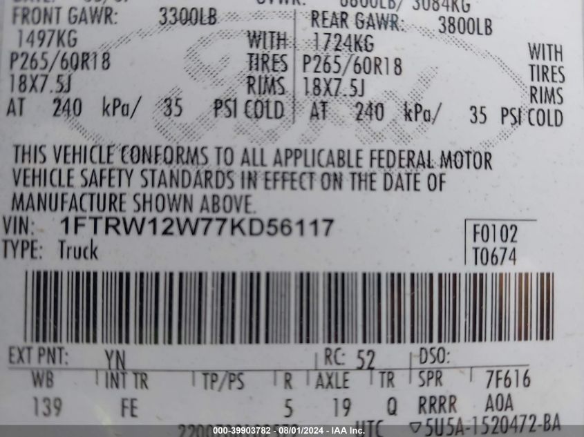 2007 Ford F-150 Xlt VIN: 1FTRW12W77KD56117 Lot: 39903782