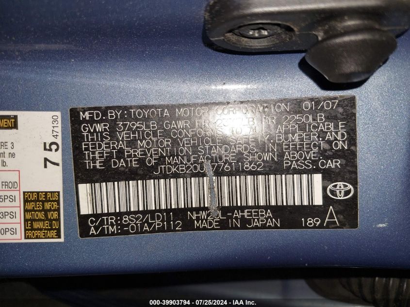 2007 Toyota Prius VIN: JTDKB20U277611862 Lot: 39903794