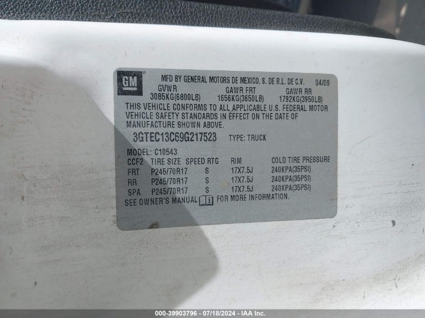 2009 GMC Sierra 1500 Sl VIN: 3GTEC13C69G217523 Lot: 39903796