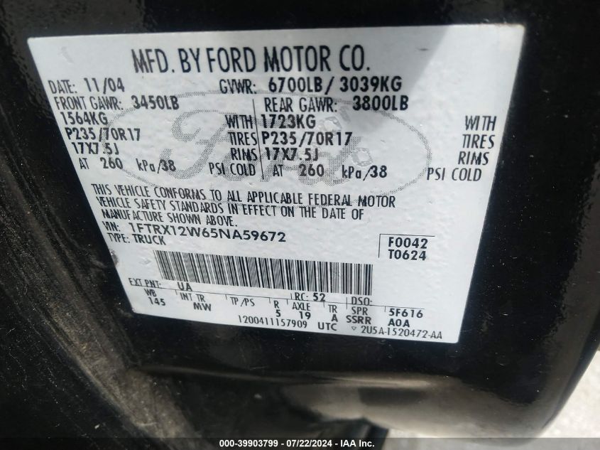 2005 Ford F150 VIN: 1FCRX12W65NA59672 Lot: 39903799