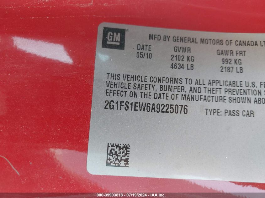 2010 Chevrolet Camaro 1Ss VIN: 2G1FS1EW6A9225076 Lot: 39903818