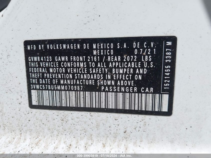 2021 Volkswagen Jetta 1.4T R-Line/1.4T S/1.4T Se VIN: 3VWC57BU5MM070987 Lot: 39903819