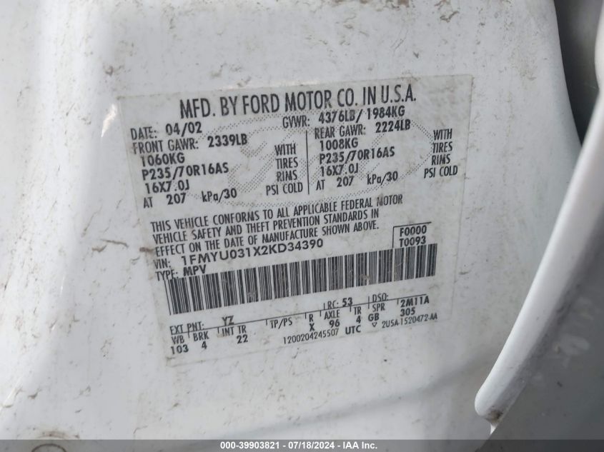 2002 Ford Escape Xlt VIN: 1FMYU031X2KD34390 Lot: 39903821