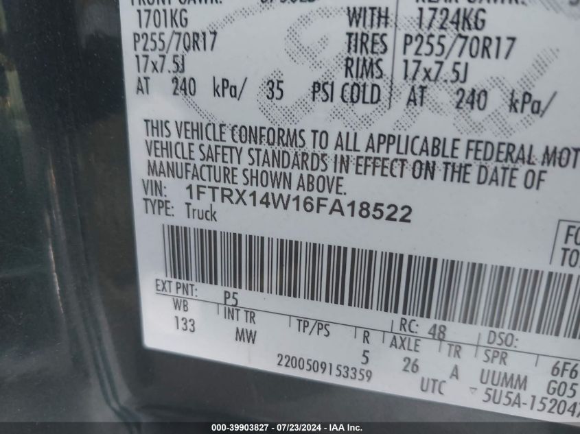 2006 Ford F-150 Stx/Xl/Xlt VIN: 1FTRX14W16FA18522 Lot: 39903827