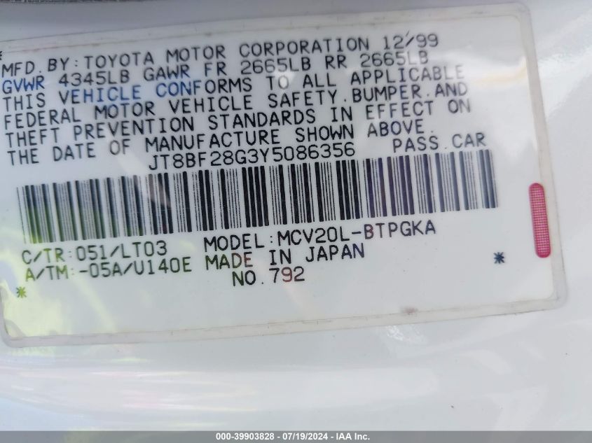 2000 Lexus Es 300 VIN: JT8BF28G3Y5086356 Lot: 39903828