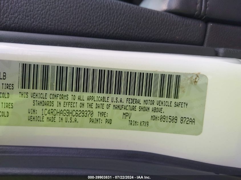 2017 Dodge Durango Sxt Rwd VIN: 1C4RDHAG9HC629370 Lot: 39903831