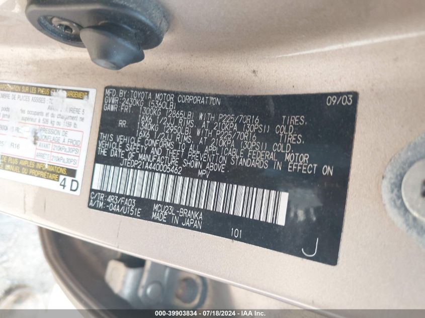 2004 Toyota Highlander V6 VIN: JTEDP21A440005462 Lot: 39903834