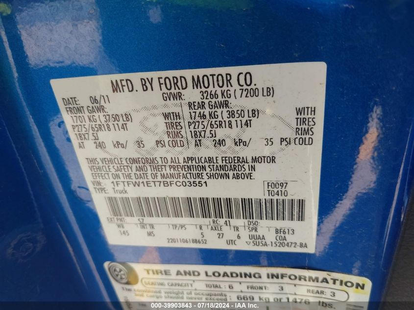 2011 Ford F-150 Xlt VIN: 1FTFW1ET7BFC03551 Lot: 39903843