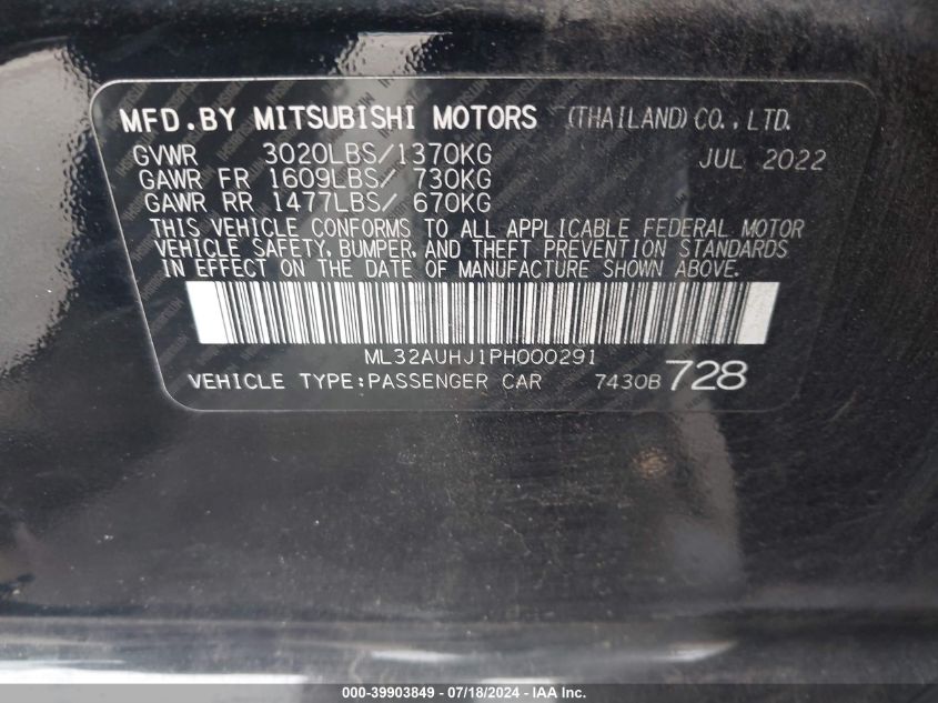 2023 Mitsubishi Mirage Es/Le VIN: ML32AUHJ1PH000291 Lot: 39903849