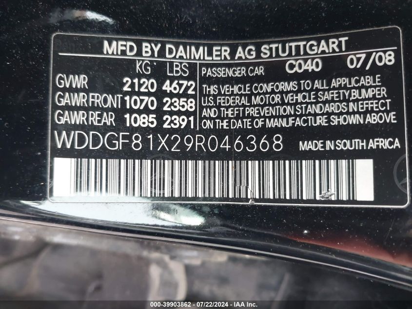 2009 Mercedes-Benz C 300 Luxury 4Matic/Sport 4Matic VIN: WDDGF81X29R046368 Lot: 39903862