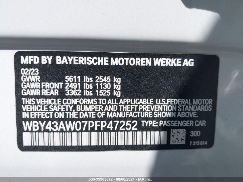 2023 BMW I4 Edrive35 VIN: WBY43AW07PFP47252 Lot: 39903872