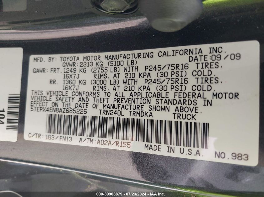 2010 Toyota Tacoma VIN: 5TEPX4EN8AZ685226 Lot: 39903879