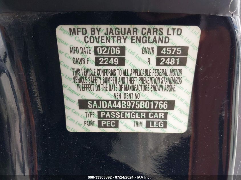 2007 Jaguar Xk VIN: SAJDA44B975B01766 Lot: 39903892