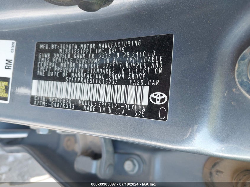 VIN 5YFEPRAE9LP045237 2020 TOYOTA COROLLA LE