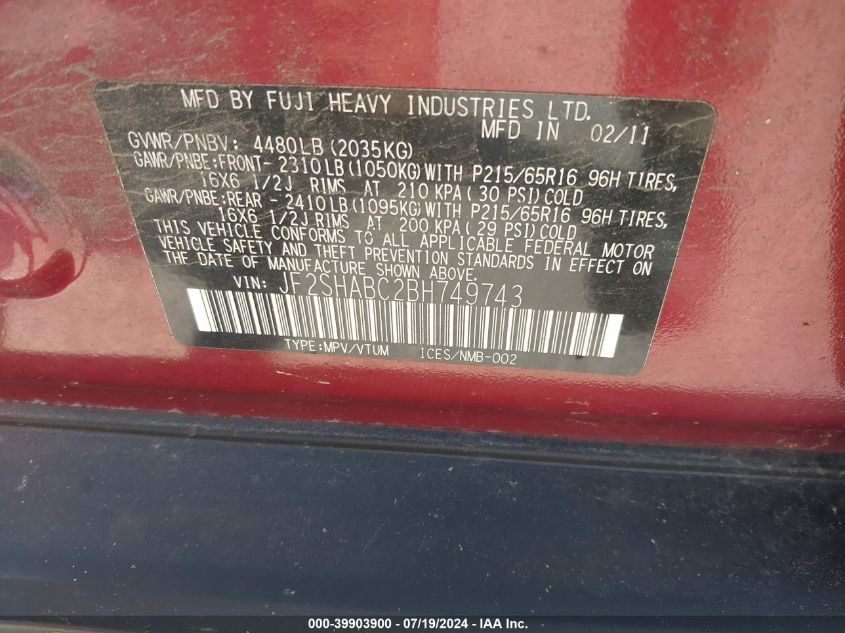 2011 Subaru Forester 2.5X VIN: JF2SHABC2BH749743 Lot: 39903900