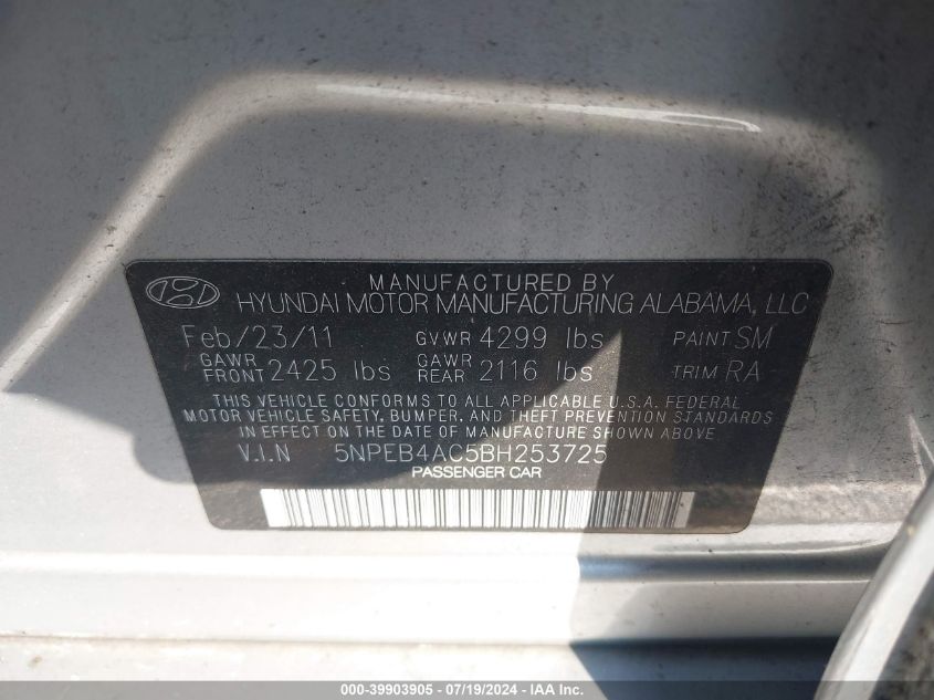 2011 Hyundai Sonata Gls VIN: 5NPEB4AC5BH253725 Lot: 39903905