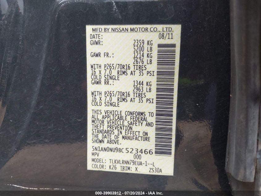 2011 Nissan Xterra Off Road/S/Se VIN: 5N1AN0NU9BC523466 Lot: 39903912