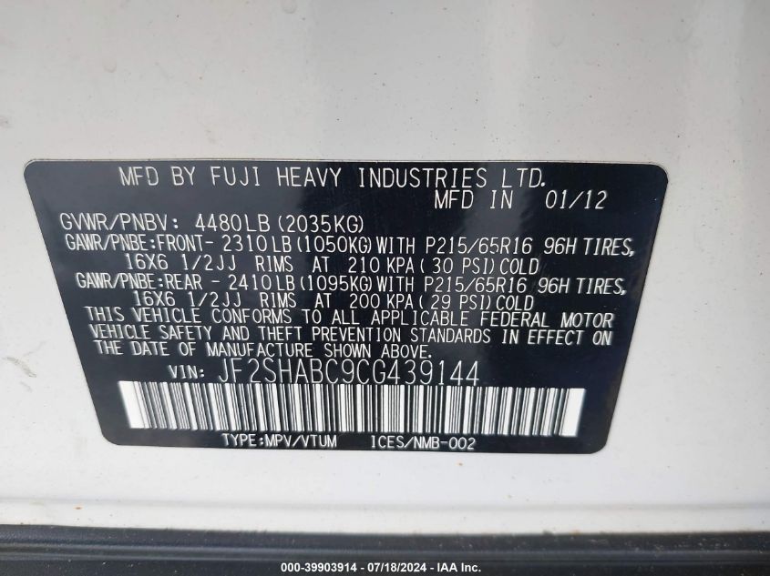 2012 Subaru Forester 2.5X VIN: JF2SHABC9CG439144 Lot: 39903914