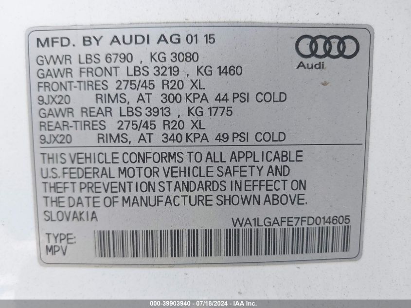 2015 Audi Q7 Premium Plus VIN: WA1LGAFE7FD014605 Lot: 39903940