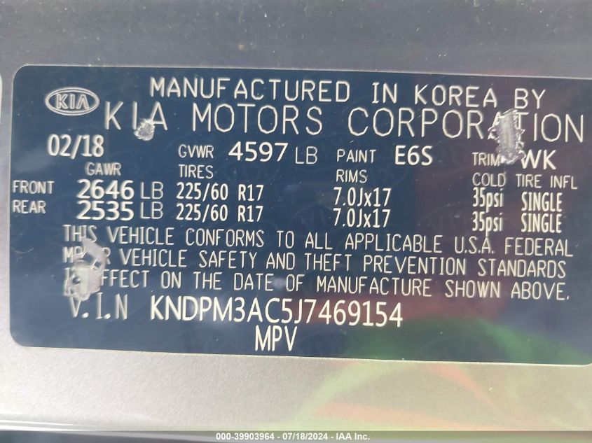 2018 Kia Sportage Lx VIN: KNDPM3AC5J7469154 Lot: 39903964