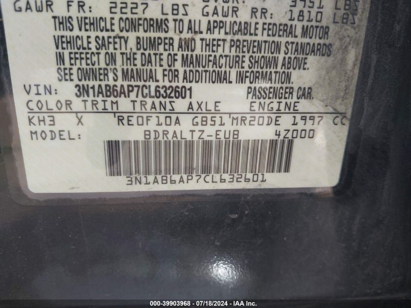 2012 Nissan Sentra 2.0 Sr VIN: 3N1AB6AP7CL632601 Lot: 39903968