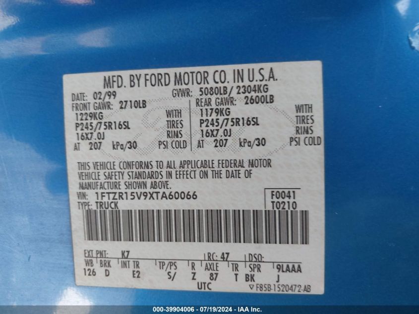 1999 Ford Ranger Xl/Xlt VIN: 1FTZR15V9XTA60066 Lot: 39904006