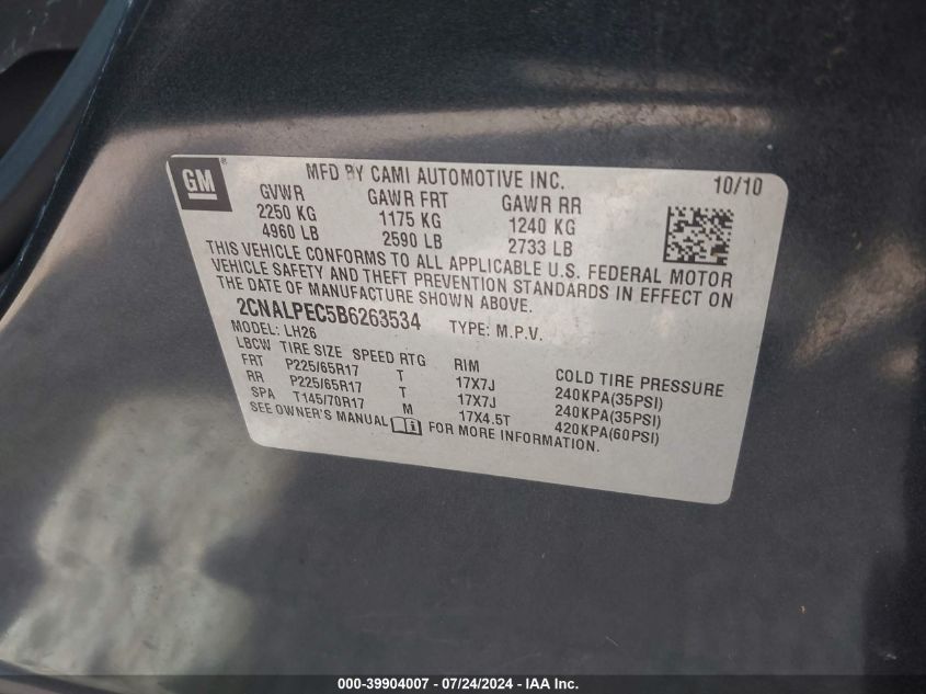 2011 Chevrolet Equinox 2Lt VIN: 2CNALPEC5B6263534 Lot: 39904007