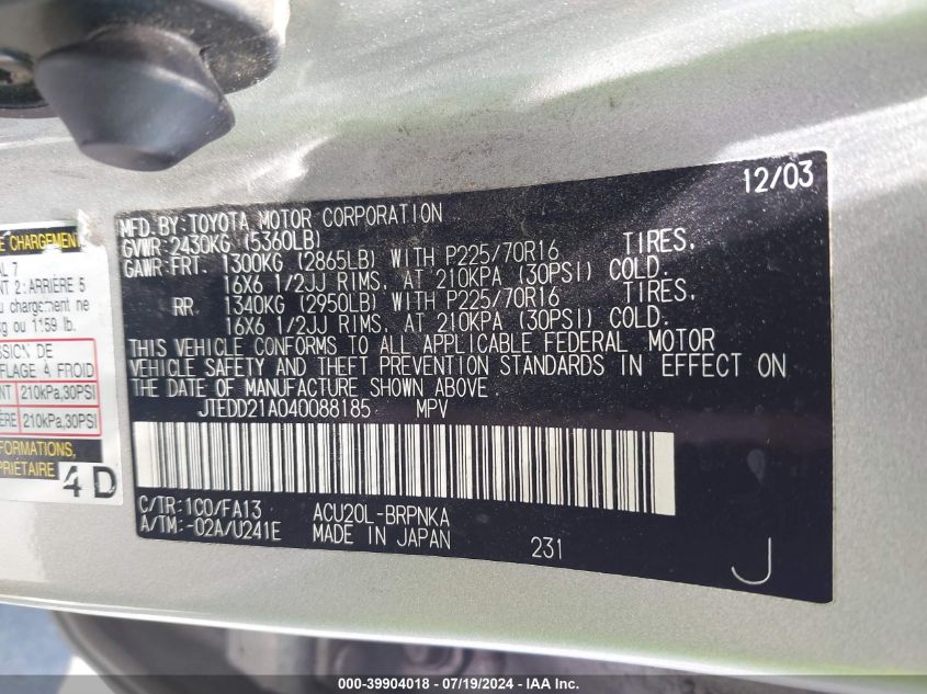 2004 Toyota Highlander VIN: JTEDD21A040088185 Lot: 39904018