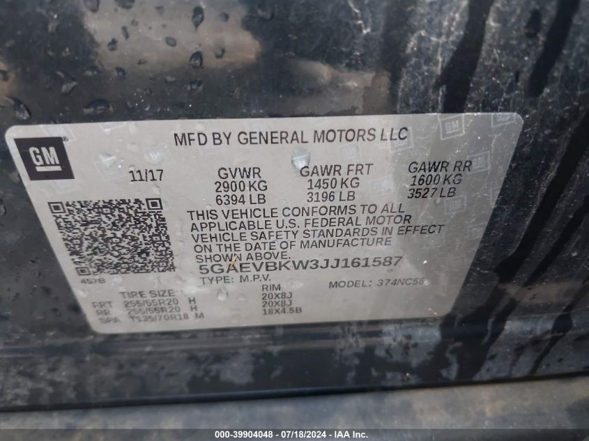 2018 Buick Enclave Premium VIN: 5GAEVBKW3JJ161587 Lot: 39904048